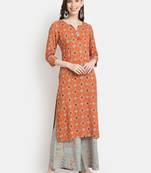 Women's  Orange Rayon Printed Straight Kurta Palazzo Set