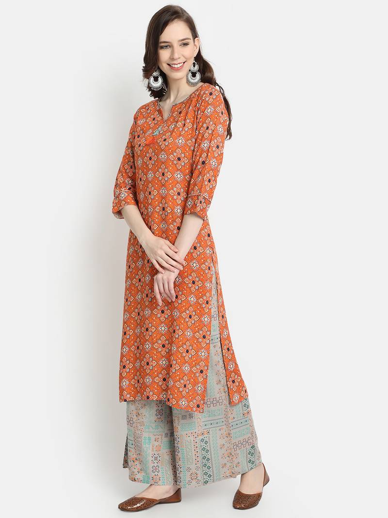Women's  Orange Rayon Printed Straight Kurta Palazzo Set