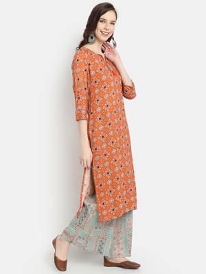 Women's  Orange Rayon Printed Straight Kurta Palazzo Set 3
