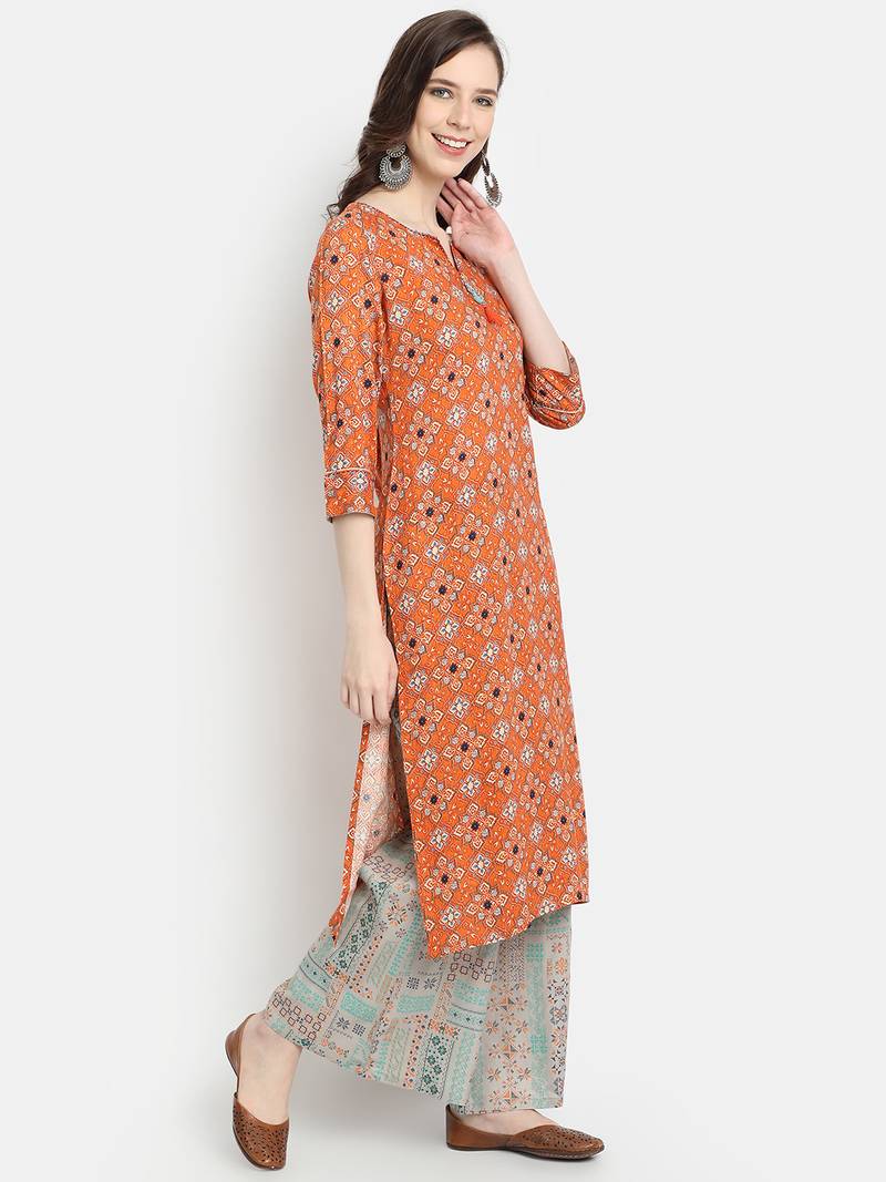 Women's  Orange Rayon Printed Straight Kurta Palazzo Set