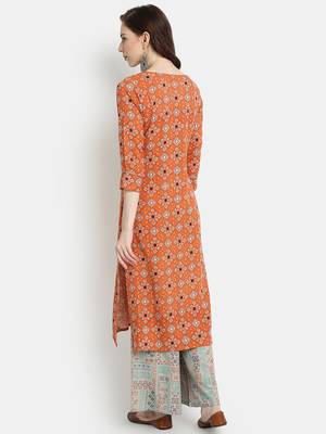 Women's  Orange Rayon Printed Straight Kurta Palazzo Set 4