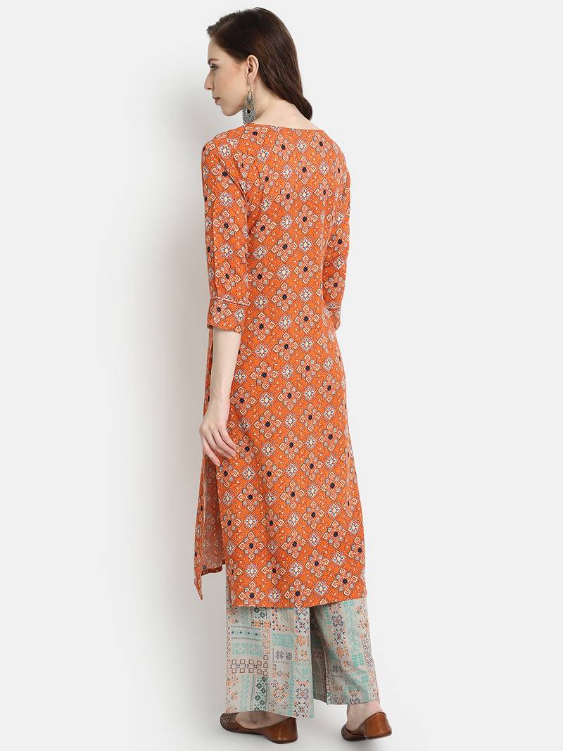Women's  Orange Rayon Printed Straight Kurta Palazzo Set