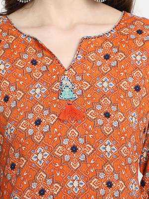 Women's  Orange Rayon Printed Straight Kurta Palazzo Set 5