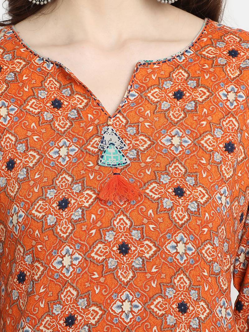 Women's  Orange Rayon Printed Straight Kurta Palazzo Set