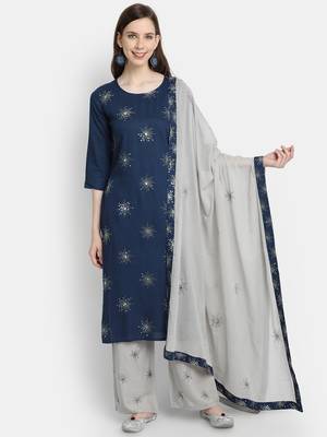 Women's  Navy Blue Rayon Slub & Cotton Embroidered Straight Kurta Palazzo Dupatta 1