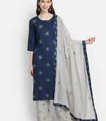 Women's  Navy Blue Rayon Slub & Cotton Embroidered Straight Kurta Palazzo Dupatta