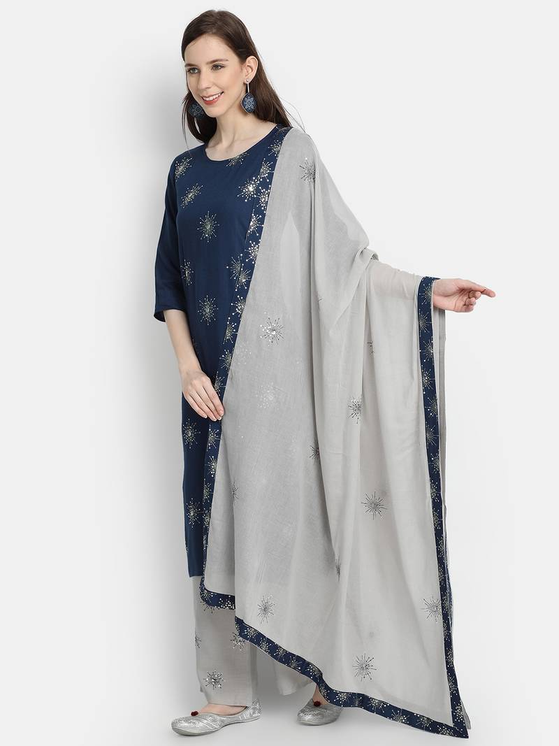 Women's  Navy Blue Rayon Slub & Cotton Embroidered Straight Kurta Palazzo Dupatta