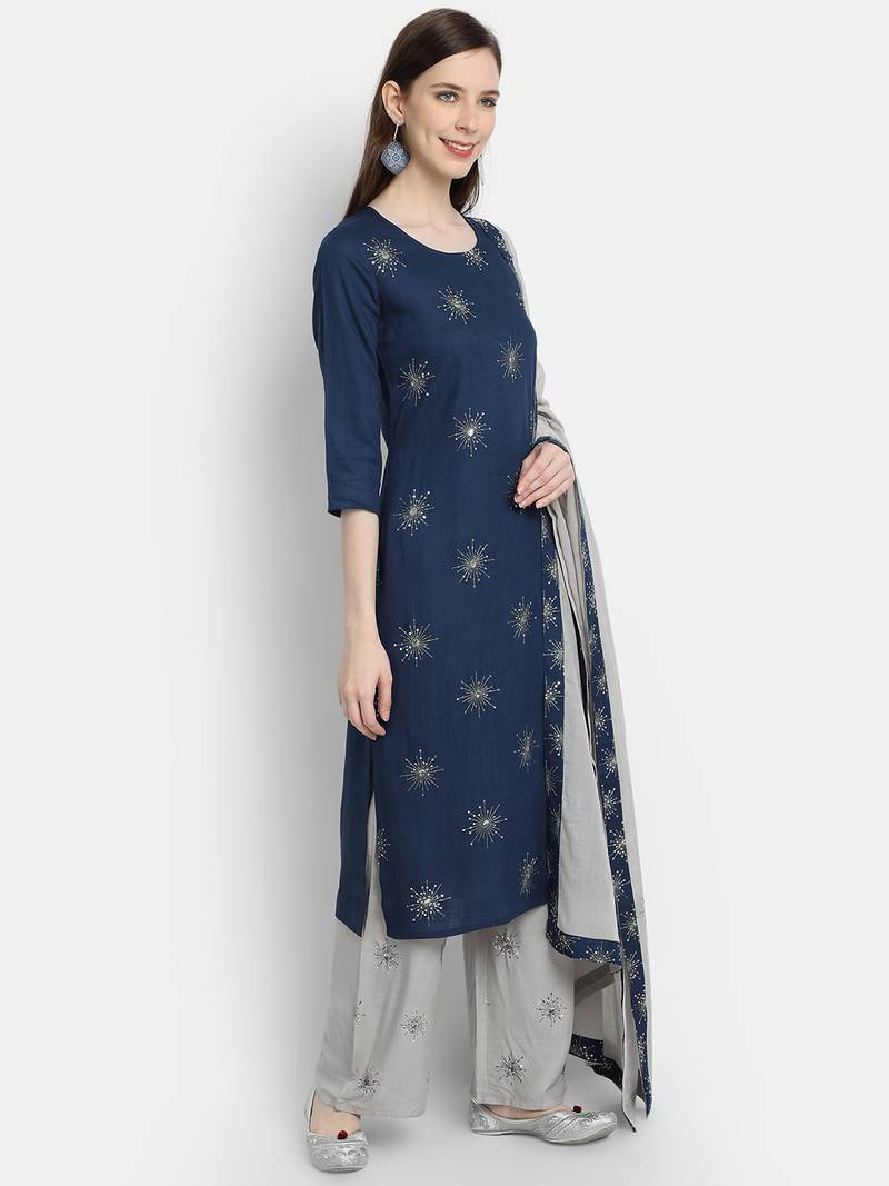Women's  Navy Blue Rayon Slub & Cotton Embroidered Straight Kurta Palazzo Dupatta