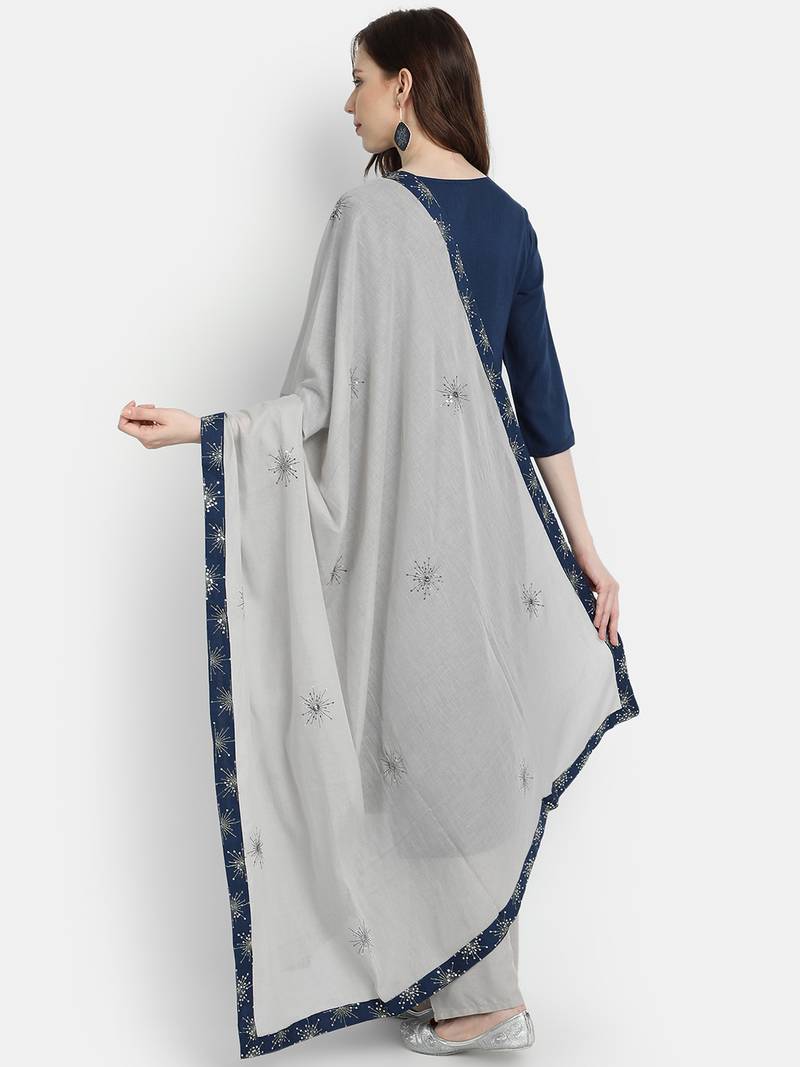 Women's  Navy Blue Rayon Slub & Cotton Embroidered Straight Kurta Palazzo Dupatta