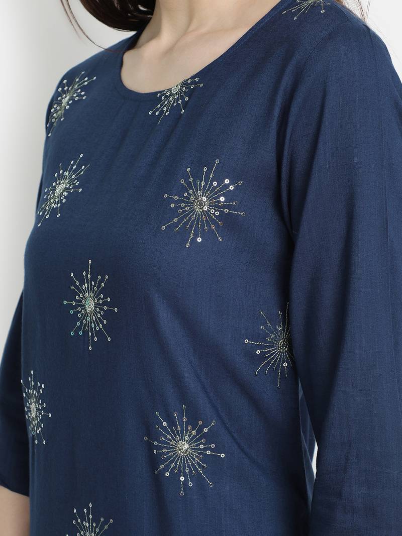 Women's  Navy Blue Rayon Slub & Cotton Embroidered Straight Kurta Palazzo Dupatta