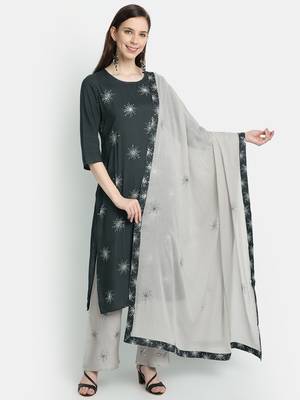 Women's  Grey Rayon Slub & Cotton Embroidered Straight Kurta Palazzo Dupatta 1