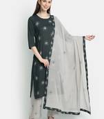 Women's  Grey Rayon Slub & Cotton Embroidered Straight Kurta Palazzo Dupatta