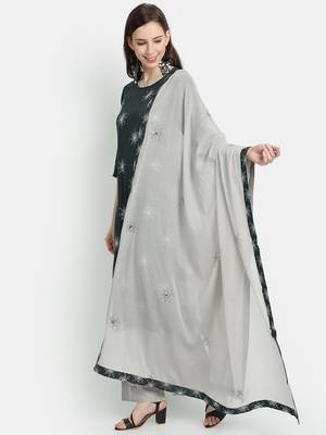 Women's  Grey Rayon Slub & Cotton Embroidered Straight Kurta Palazzo Dupatta 2