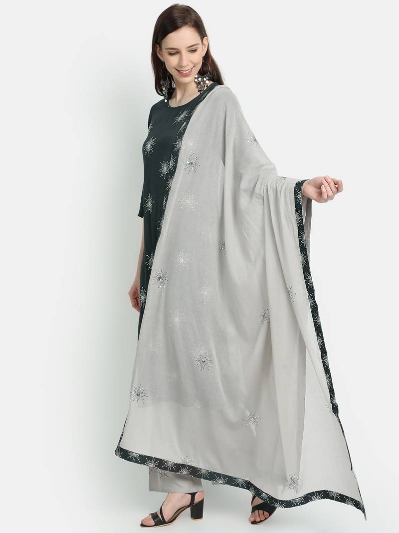 Women's  Grey Rayon Slub & Cotton Embroidered Straight Kurta Palazzo Dupatta