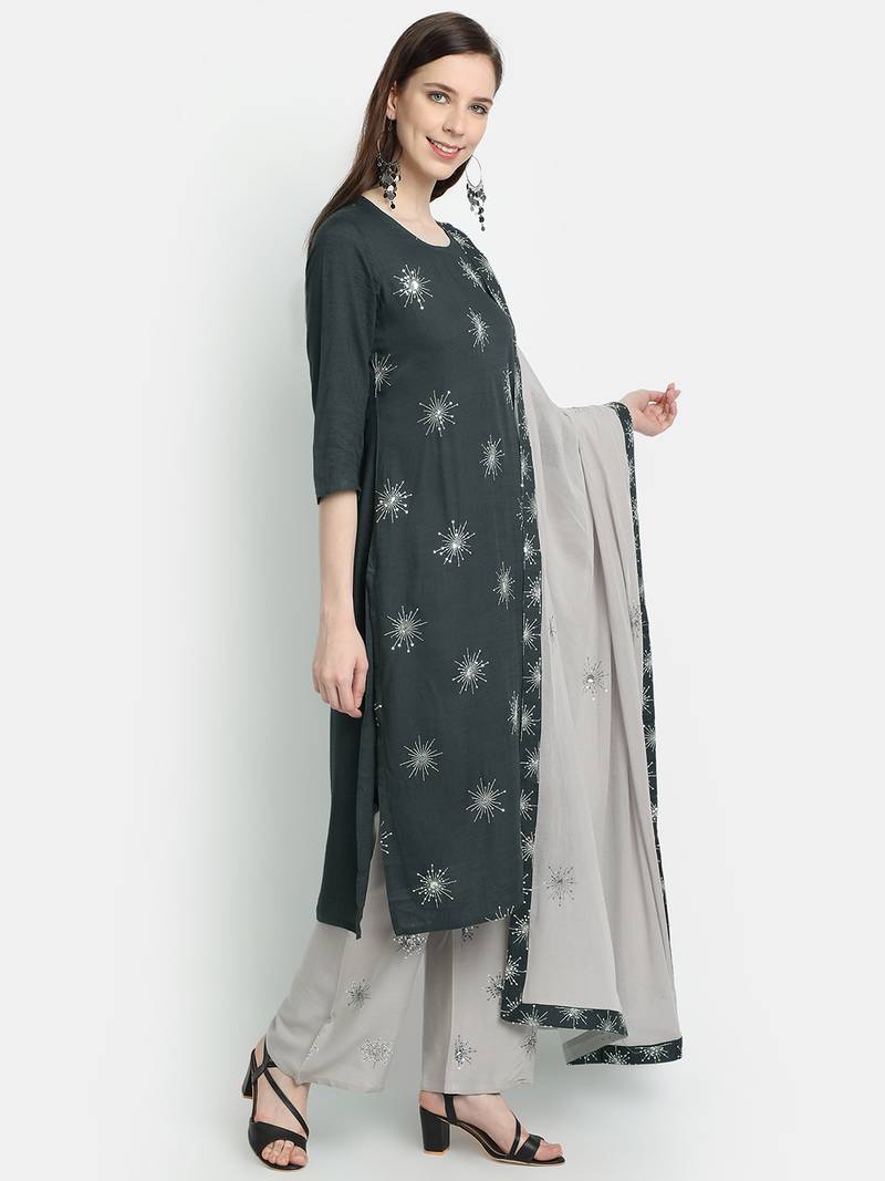 Women's  Grey Rayon Slub & Cotton Embroidered Straight Kurta Palazzo Dupatta