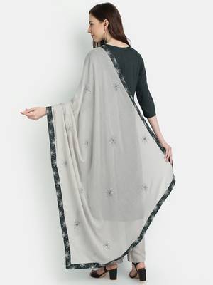 Women's  Grey Rayon Slub & Cotton Embroidered Straight Kurta Palazzo Dupatta 4