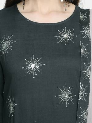 Women's  Grey Rayon Slub & Cotton Embroidered Straight Kurta Palazzo Dupatta 5