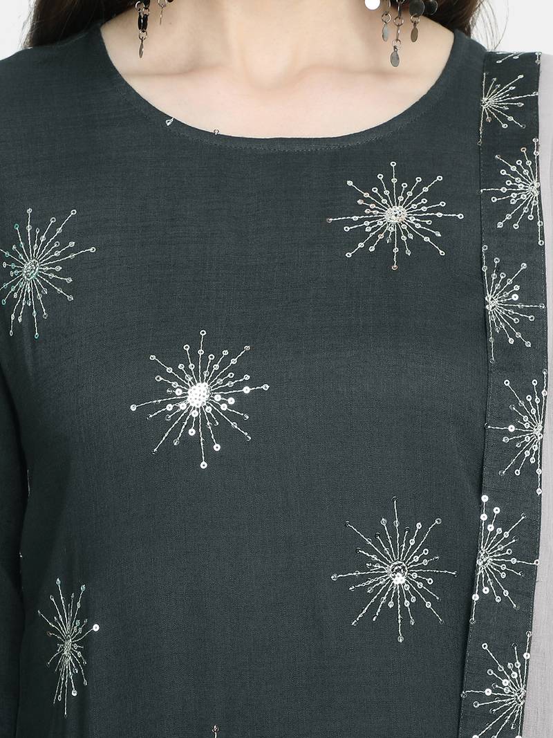 Women's  Grey Rayon Slub & Cotton Embroidered Straight Kurta Palazzo Dupatta