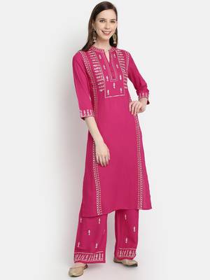 Women's  Rani Pink Rayon Slub Embroidered Straight Kurta Palazzo Set 1