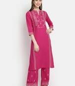 Women's  Rani Pink Rayon Slub Embroidered Straight Kurta Palazzo Set