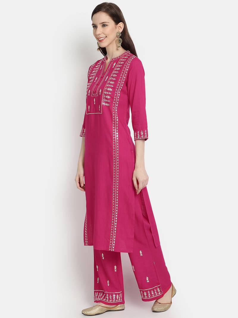 Women's  Rani Pink Rayon Slub Embroidered Straight Kurta Palazzo Set