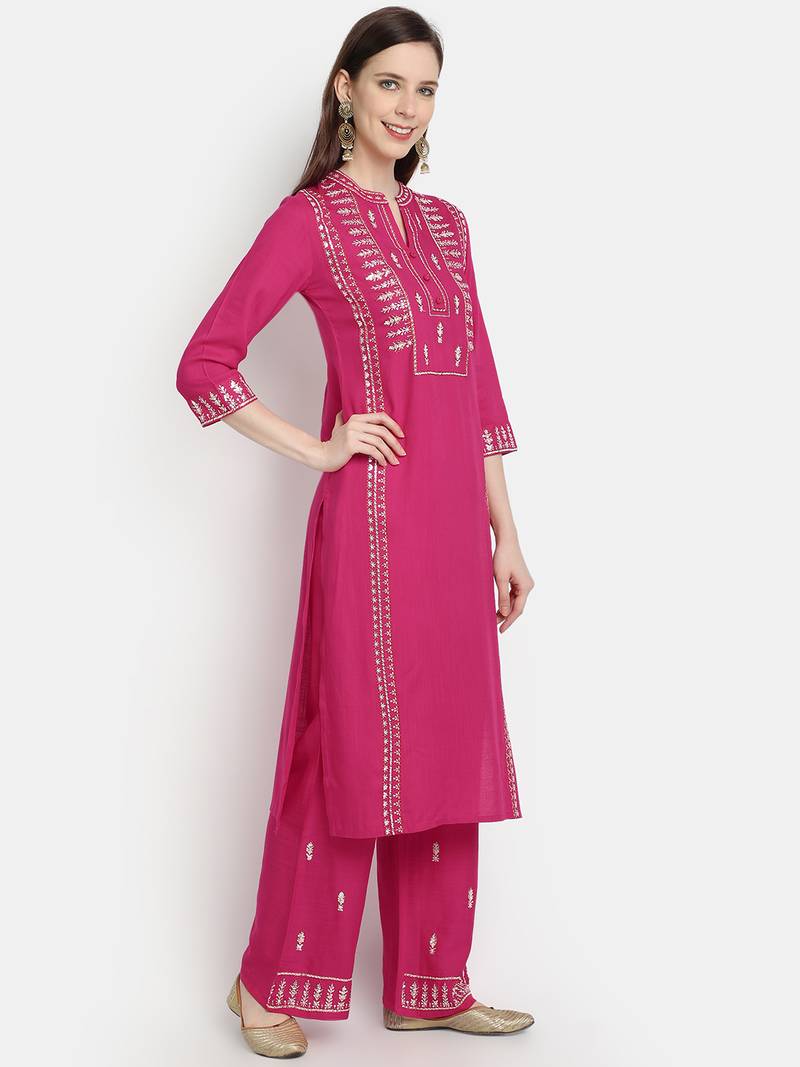 Women's  Rani Pink Rayon Slub Embroidered Straight Kurta Palazzo Set