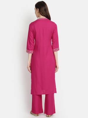 Women's  Rani Pink Rayon Slub Embroidered Straight Kurta Palazzo Set 4