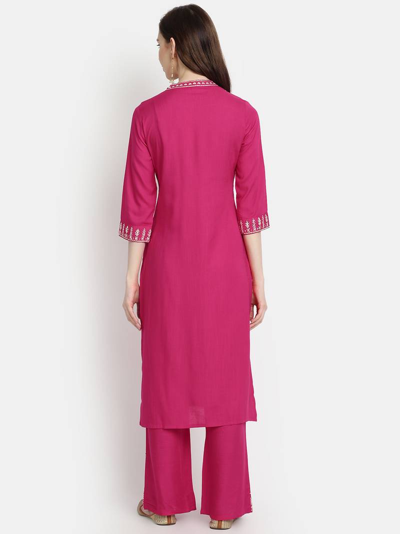 Women's  Rani Pink Rayon Slub Embroidered Straight Kurta Palazzo Set