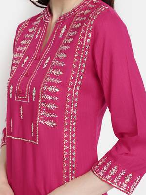 Women's  Rani Pink Rayon Slub Embroidered Straight Kurta Palazzo Set 5