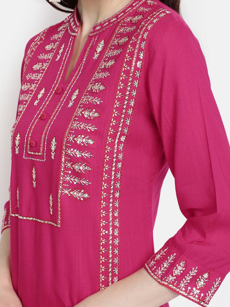 Women's  Rani Pink Rayon Slub Embroidered Straight Kurta Palazzo Set