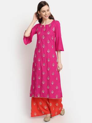 Women's  Rani Pink Rayon Slub Embroidered Straight Kurta Palazzo Set 1