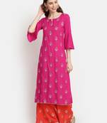 Women's  Rani Pink Rayon Slub Embroidered Straight Kurta Palazzo Set