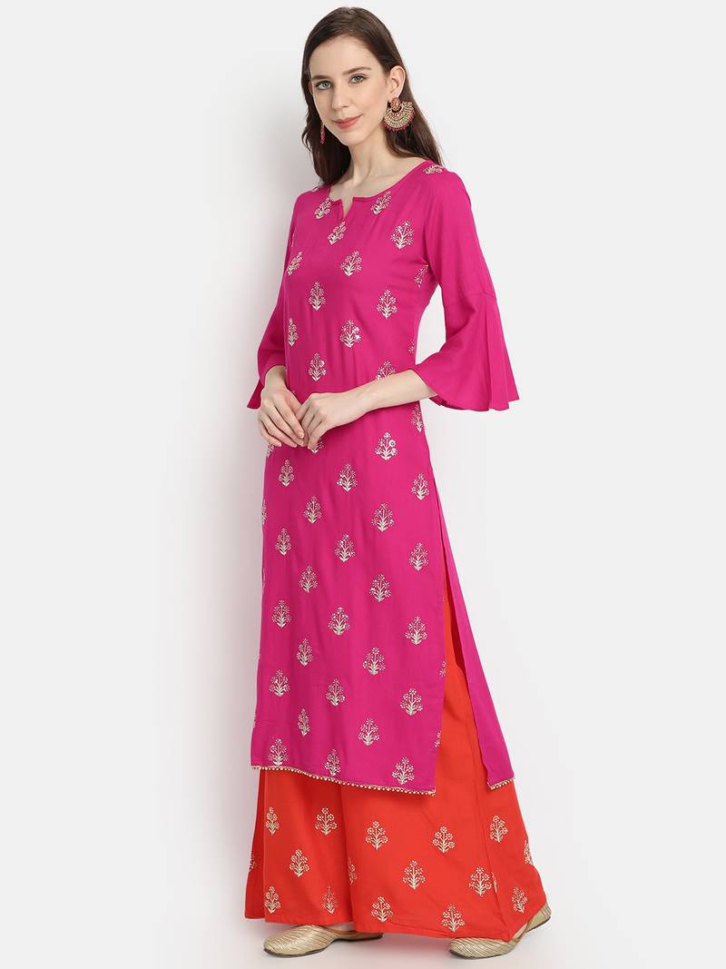 Women's  Rani Pink Rayon Slub Embroidered Straight Kurta Palazzo Set