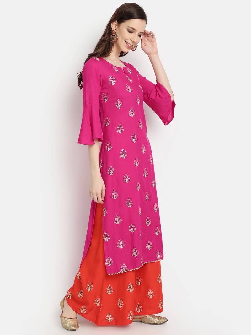 Women's  Rani Pink Rayon Slub Embroidered Straight Kurta Palazzo Set