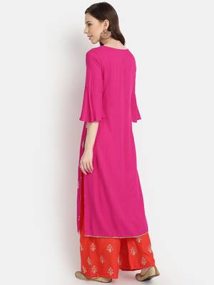 Women's  Rani Pink Rayon Slub Embroidered Straight Kurta Palazzo Set 4