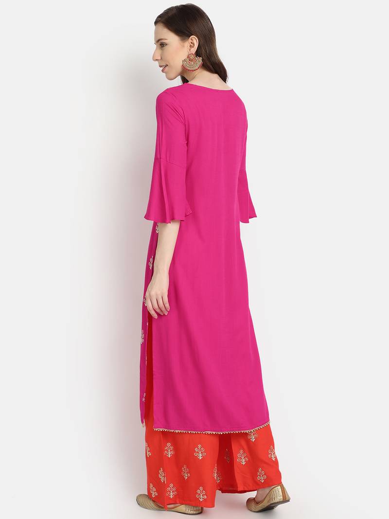 Women's  Rani Pink Rayon Slub Embroidered Straight Kurta Palazzo Set
