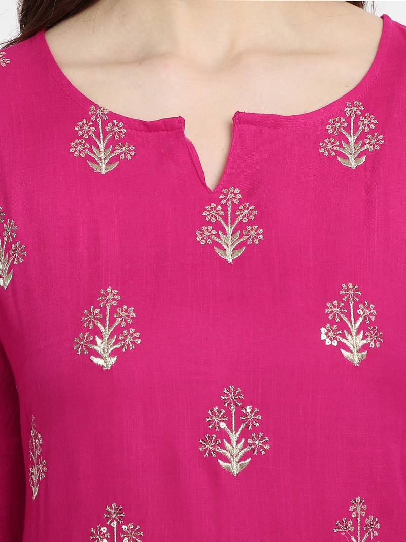 Women's  Rani Pink Rayon Slub Embroidered Straight Kurta Palazzo Set