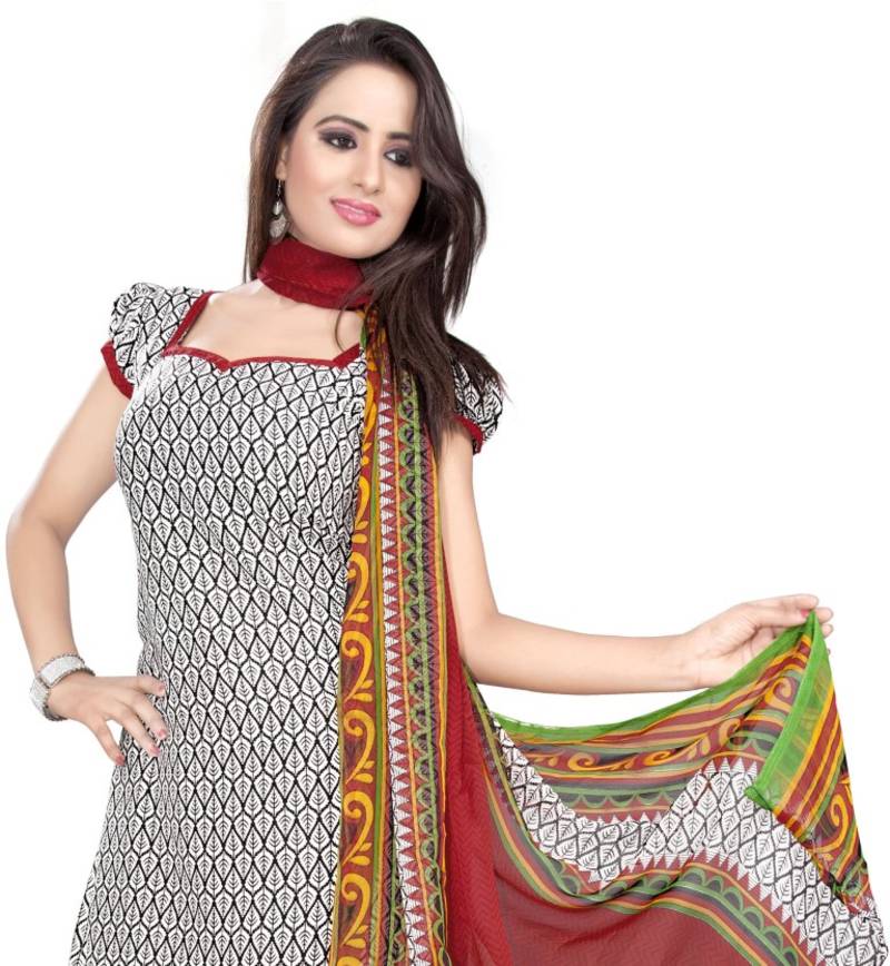 White and multicolor printed Crepe unstitched salwar with dupatta