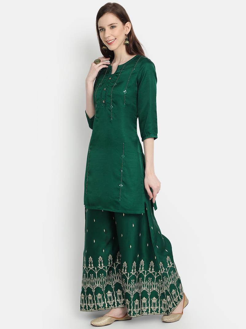 Bottle Green Kurta Art Silk With Embroidery Pant