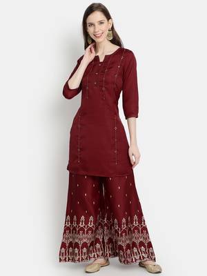 Women's  Maroon Linen Silk Embroidered & Printed Straight Kurta Palazzo Set 1