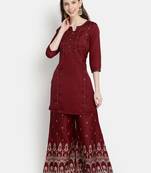 Women's  Maroon Linen Silk Embroidered & Printed Straight Kurta Palazzo Set