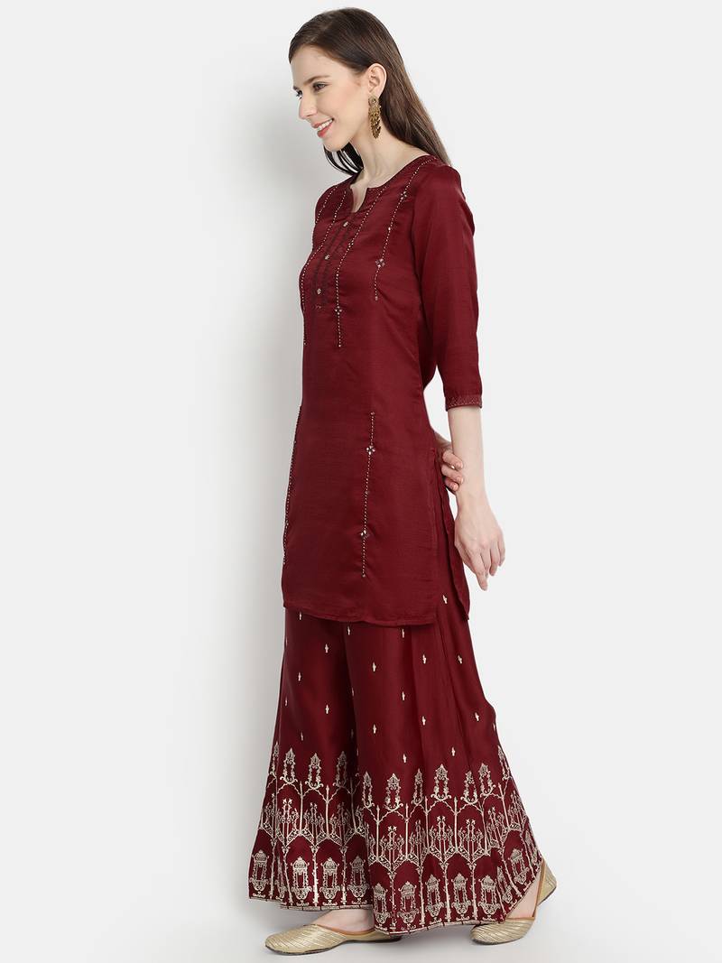 Women's  Maroon Linen Silk Embroidered & Printed Straight Kurta Palazzo Set