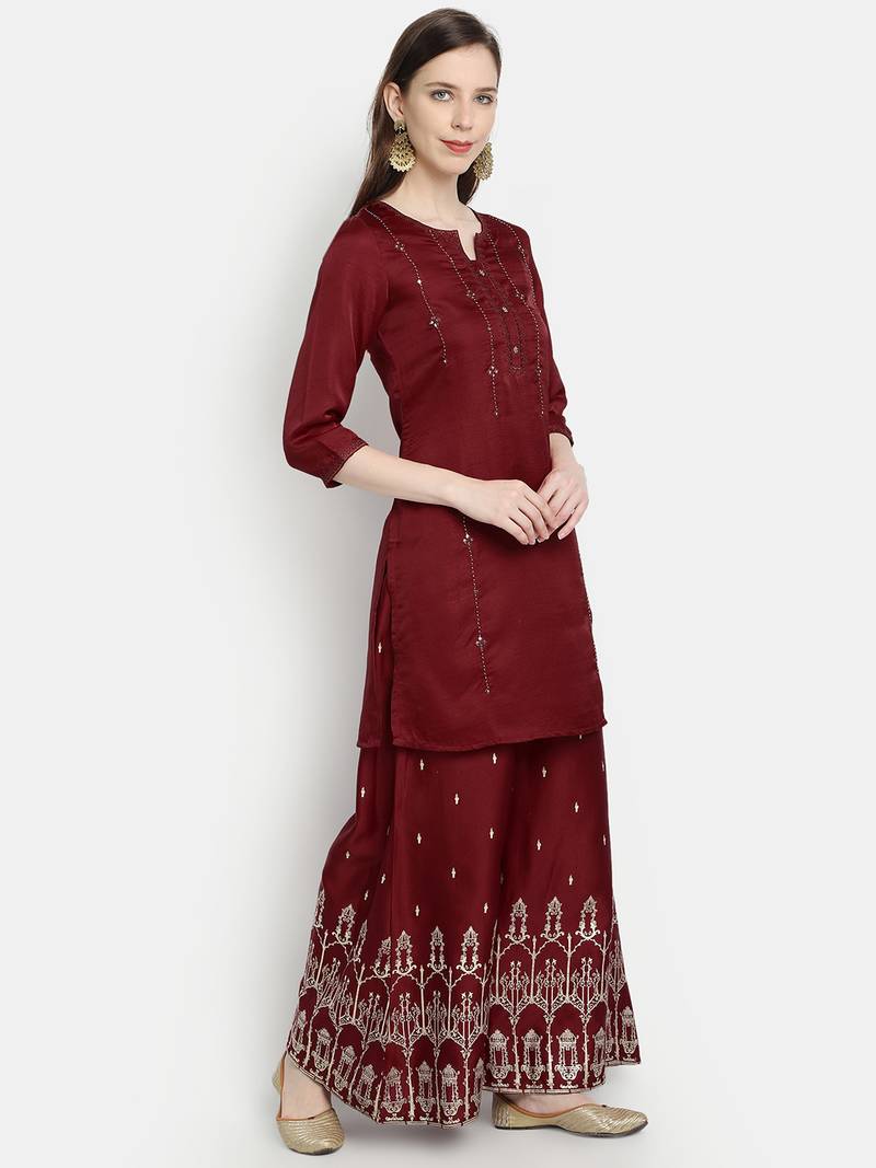 Women's  Maroon Linen Silk Embroidered & Printed Straight Kurta Palazzo Set