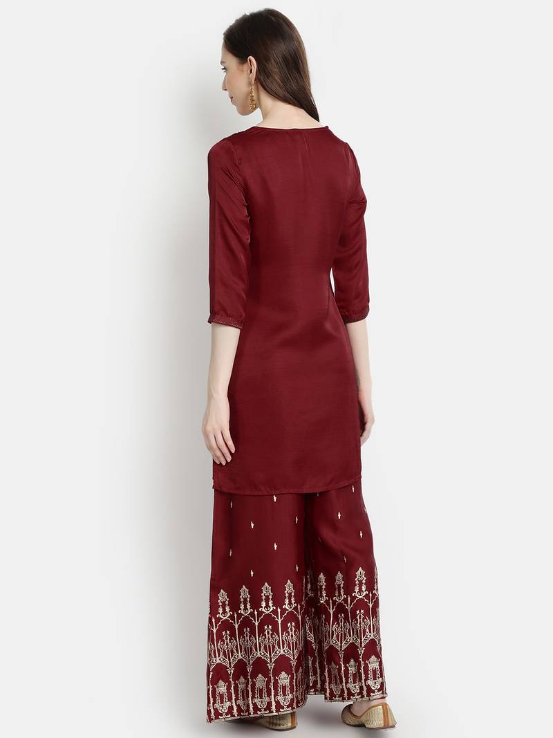 Women's  Maroon Linen Silk Embroidered & Printed Straight Kurta Palazzo Set