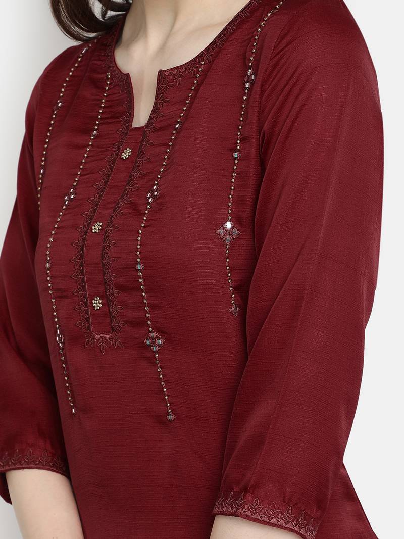 Women's  Maroon Linen Silk Embroidered & Printed Straight Kurta Palazzo Set