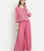 Women's Peach Chanderi & Rayon Embroidered Regular Top Palazzo & Jacket Set