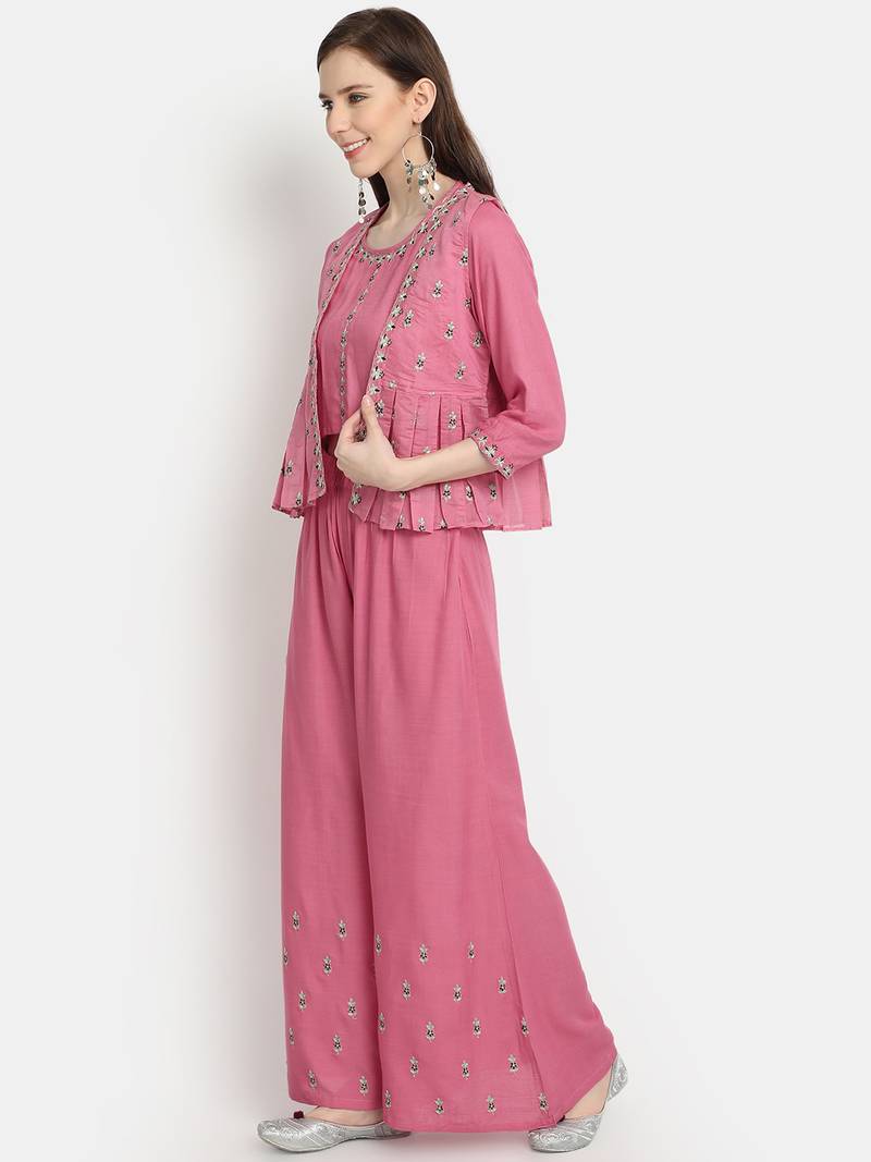 Women's Peach Chanderi & Rayon Embroidered Regular Top Palazzo & Jacket Set
