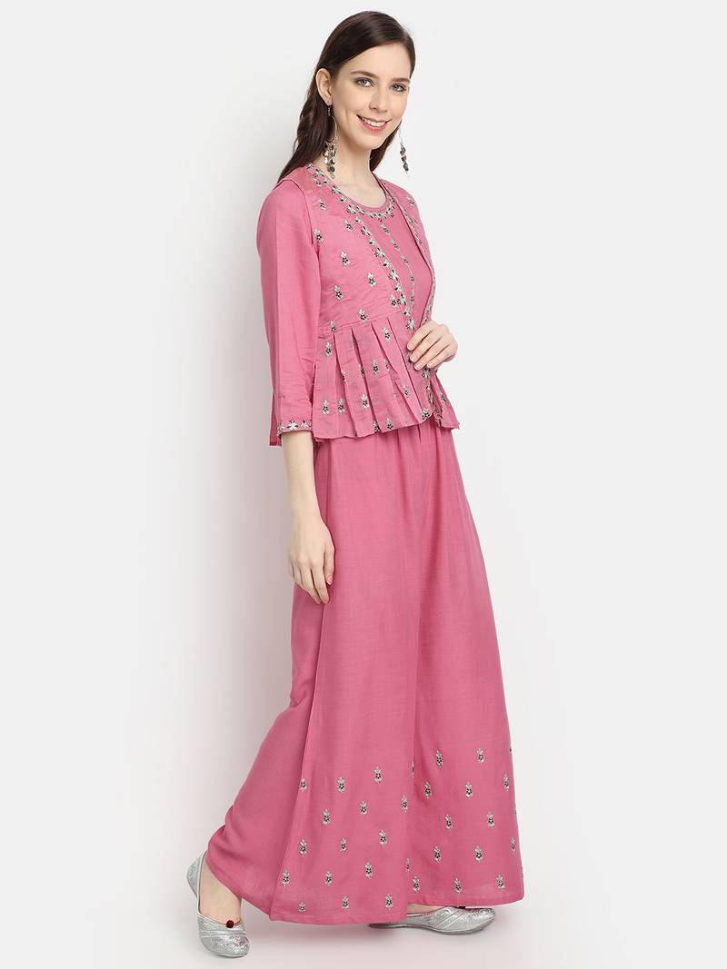 Women's Peach Chanderi & Rayon Embroidered Regular Top Palazzo & Jacket Set