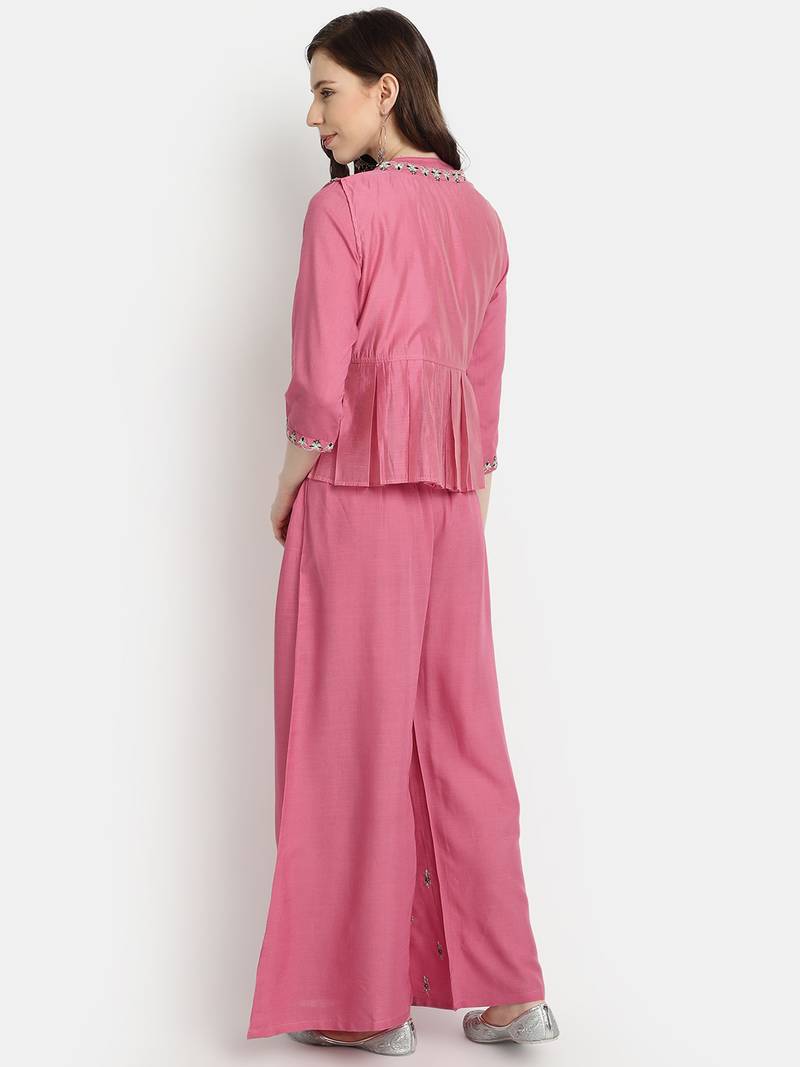 Women's Peach Chanderi & Rayon Embroidered Regular Top Palazzo & Jacket Set