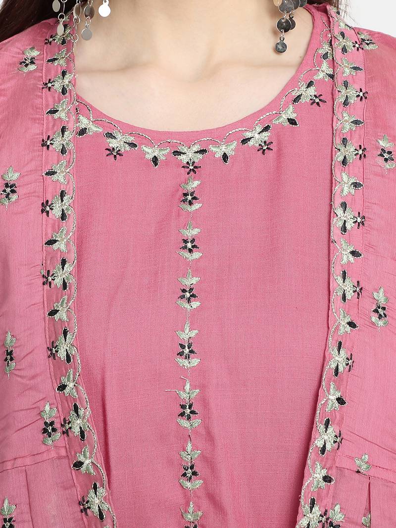 Women's Peach Chanderi & Rayon Embroidered Regular Top Palazzo & Jacket Set